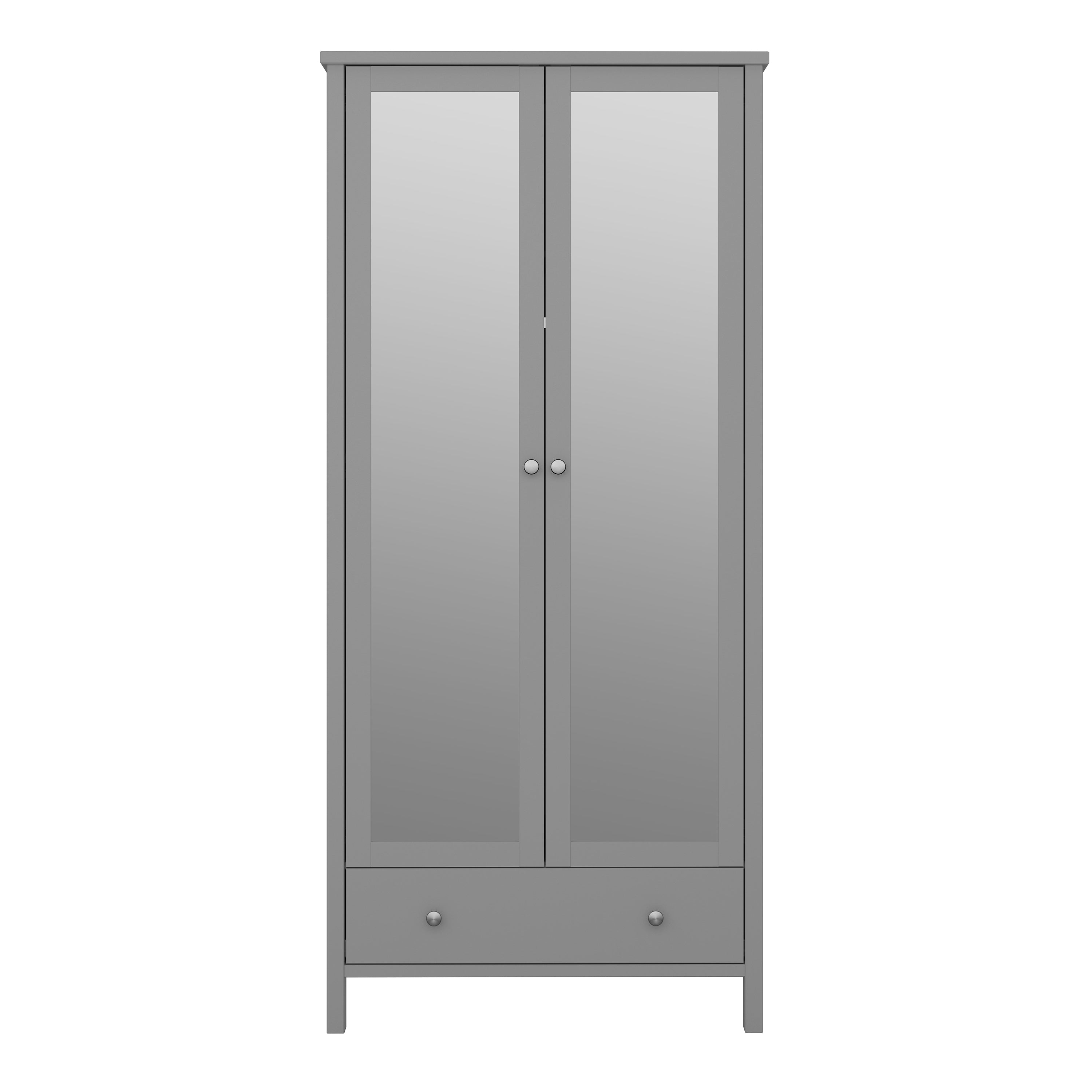 Tromso 2 Mirror Doors + 1 Drawer Wardrobe Folkestone Grey with Leather Handles