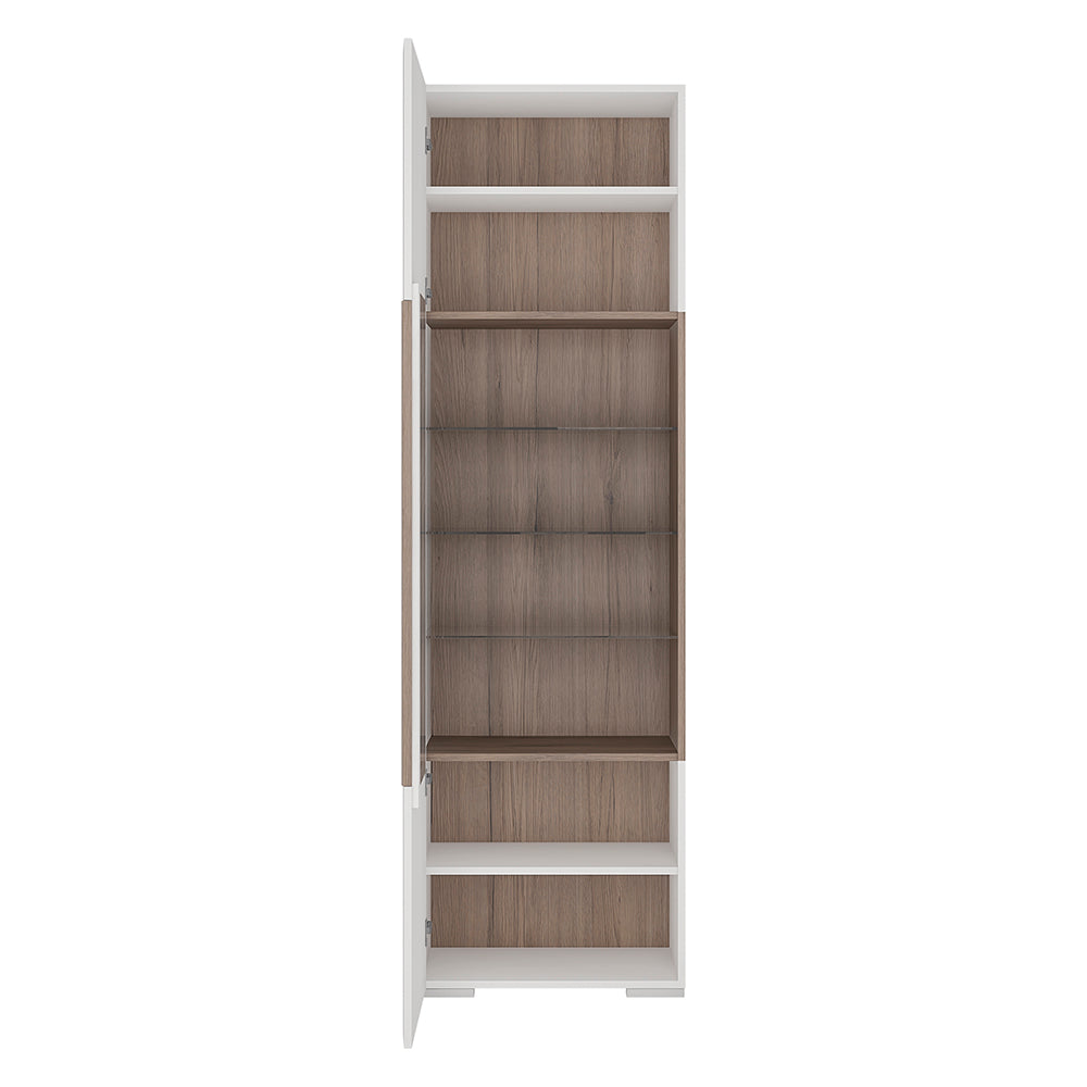 Toronto Tall narrow glazed display cabinet with internal shelves (inc. Plexi Lighting) In White and Oak