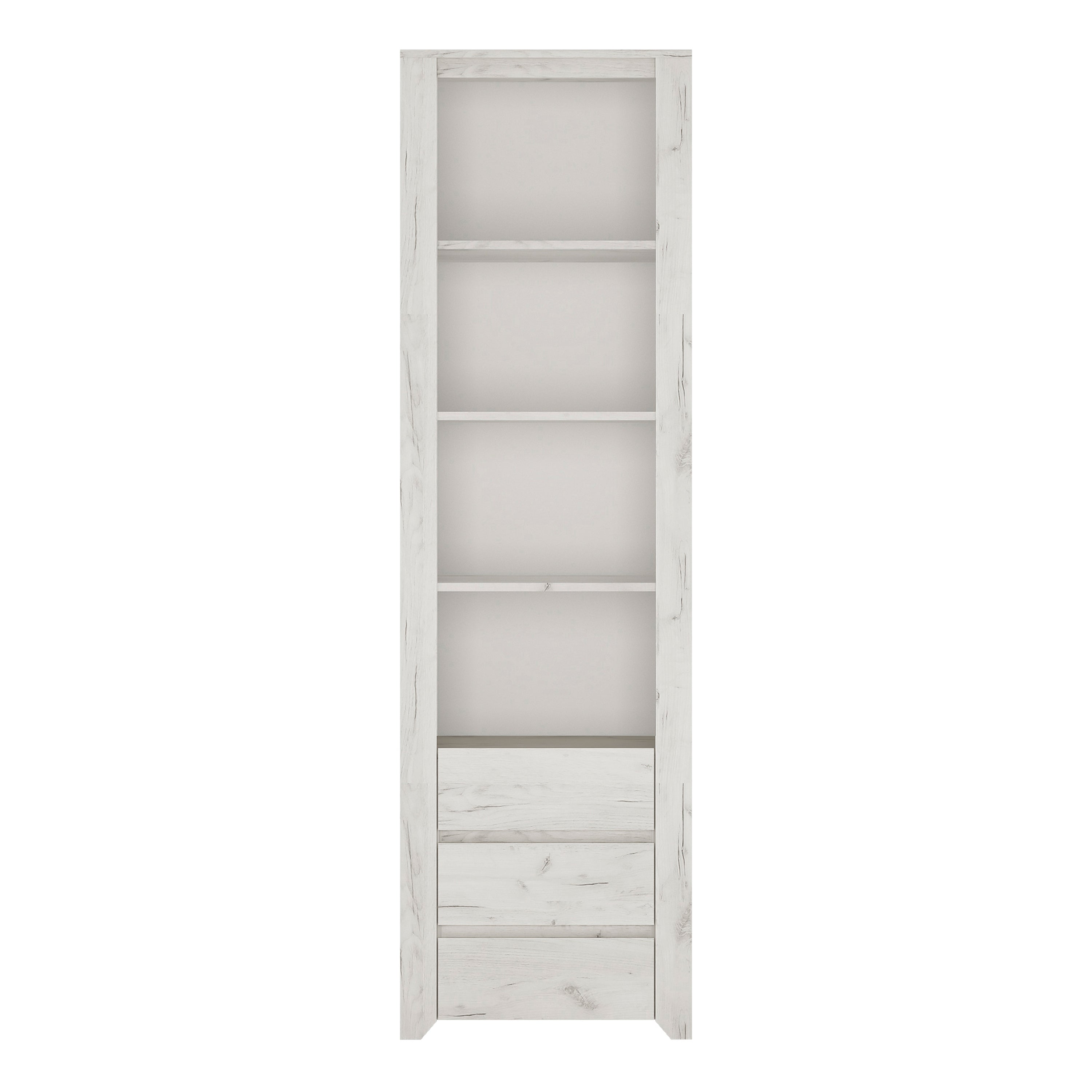 Angel Tall Narrow 3 Drawer Bookcase in White Craft Oak