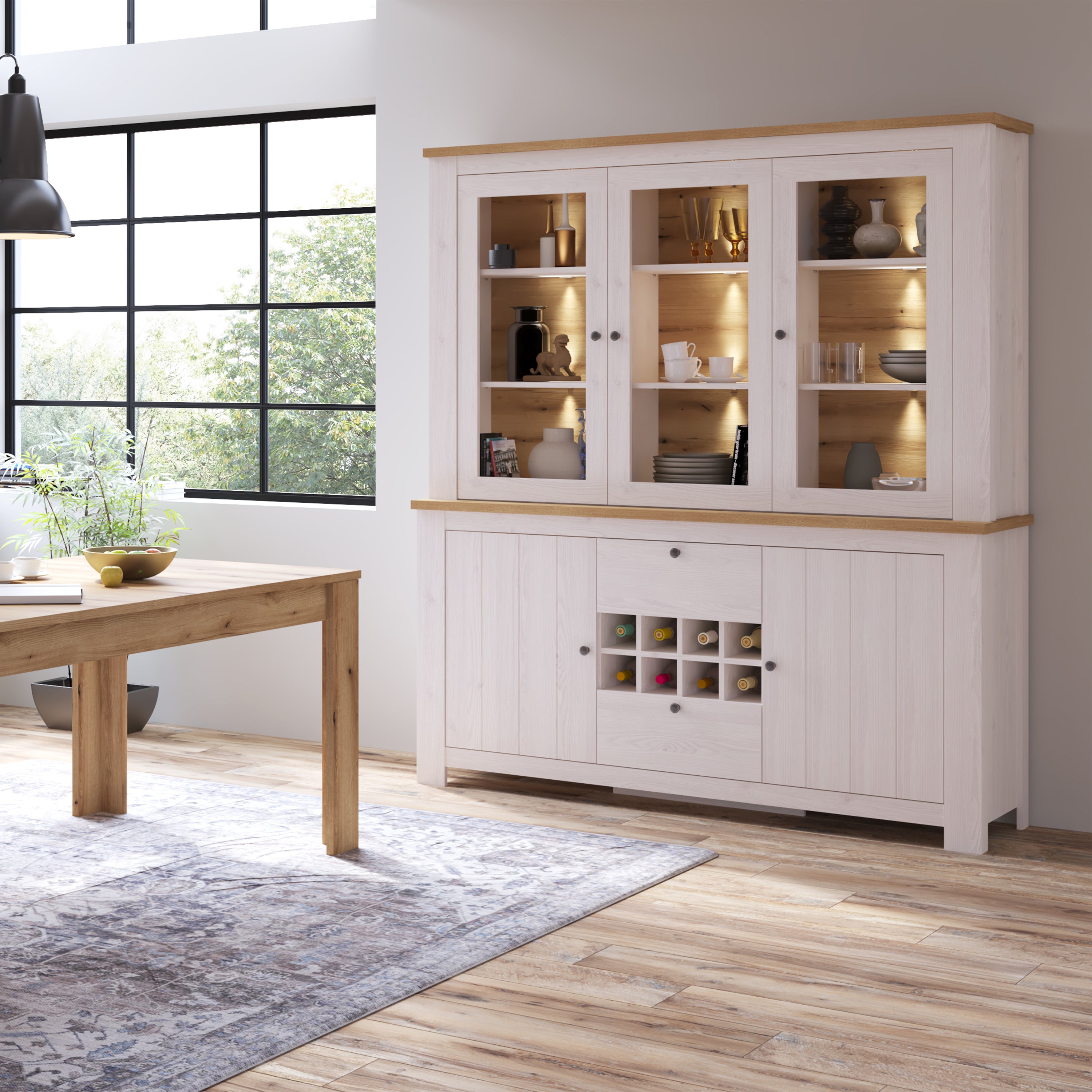 Celesto 2 Door 2 Drawer Sideboard with 3 Door Display top Unit inc. 6x Lights in White and Oak