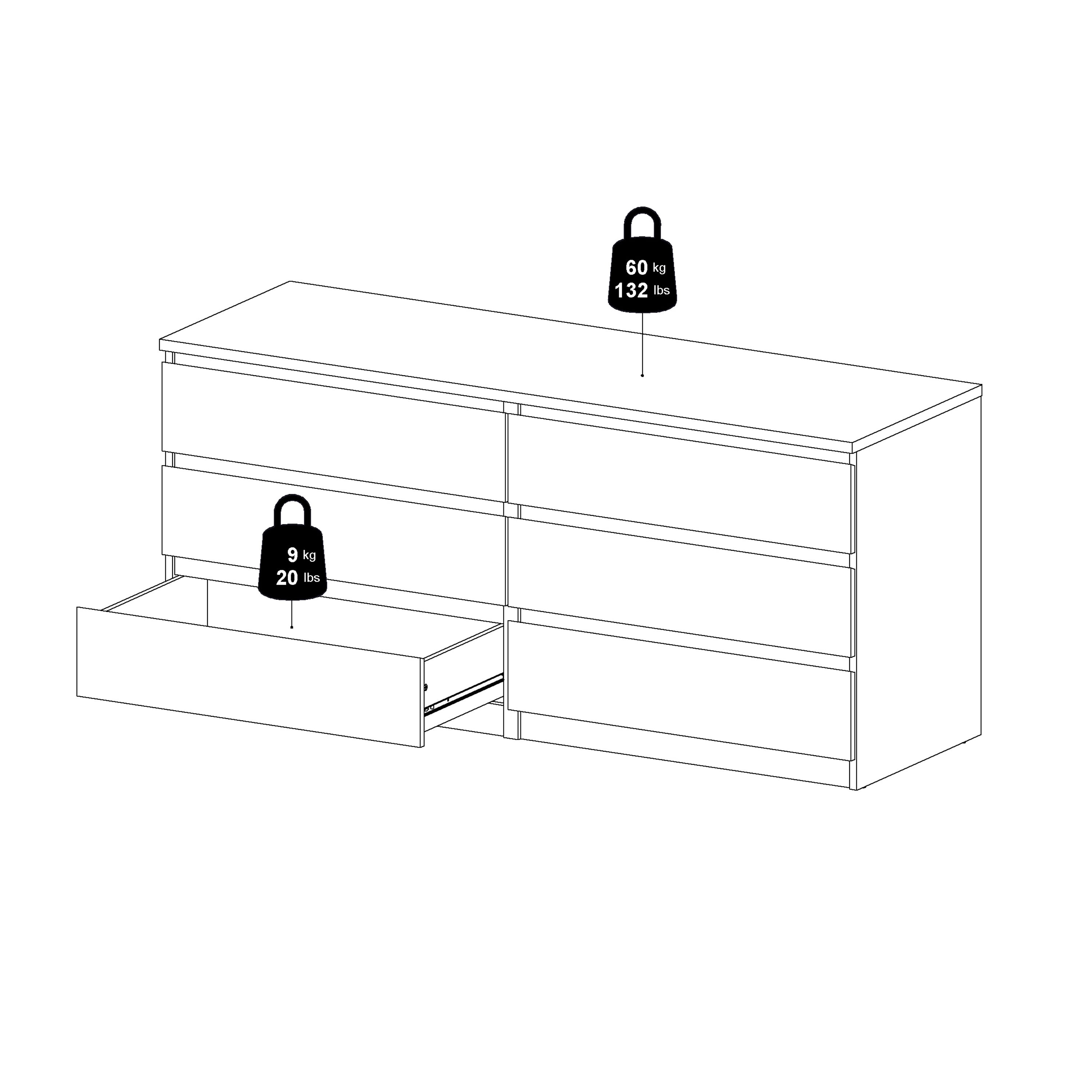 Naia Wide Chest of 6 Drawers (3+3) in White High Gloss