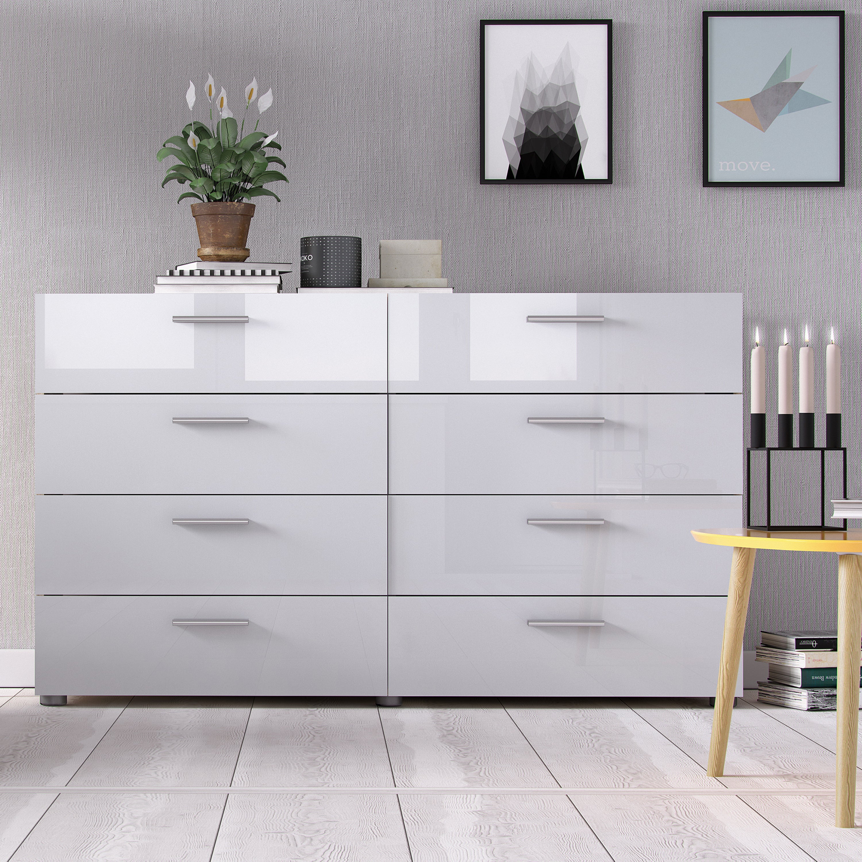 Pepe Wide Chest of 8 Drawers (4+4) in Oak with White High Gloss