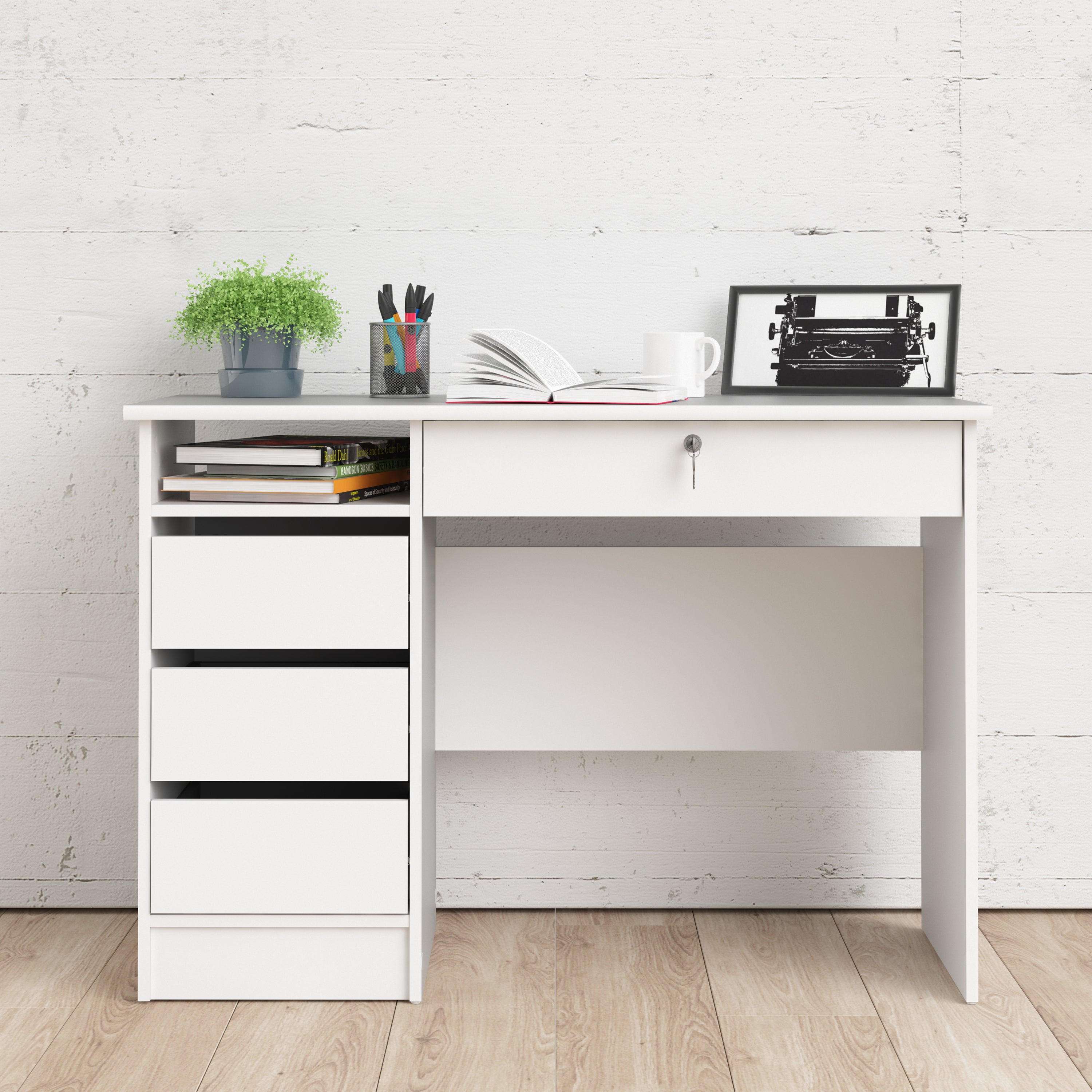 Function Plus Desk (3+1) Handle Free Drawer in White