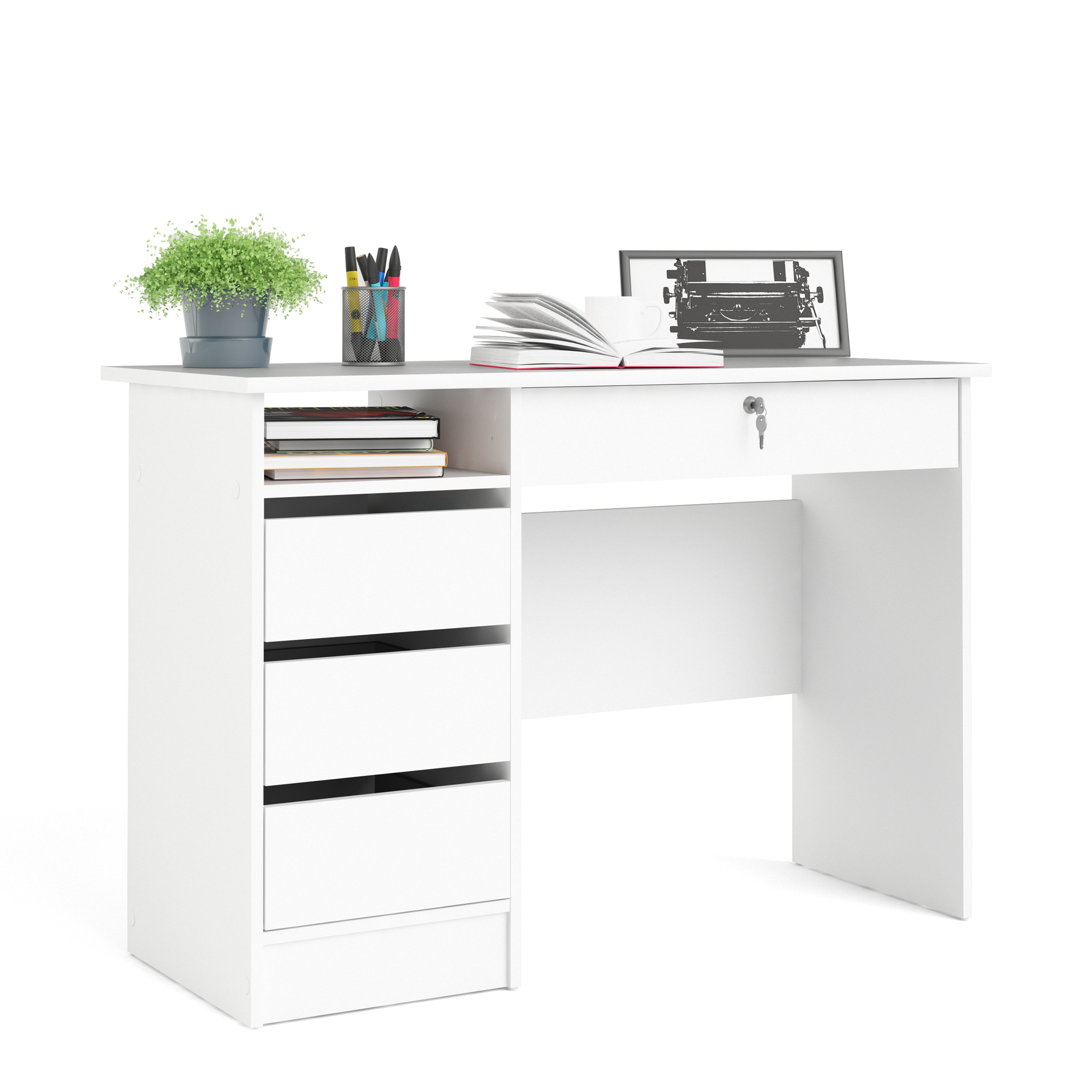 Function Plus Desk (3+1) Handle Free Drawer in White