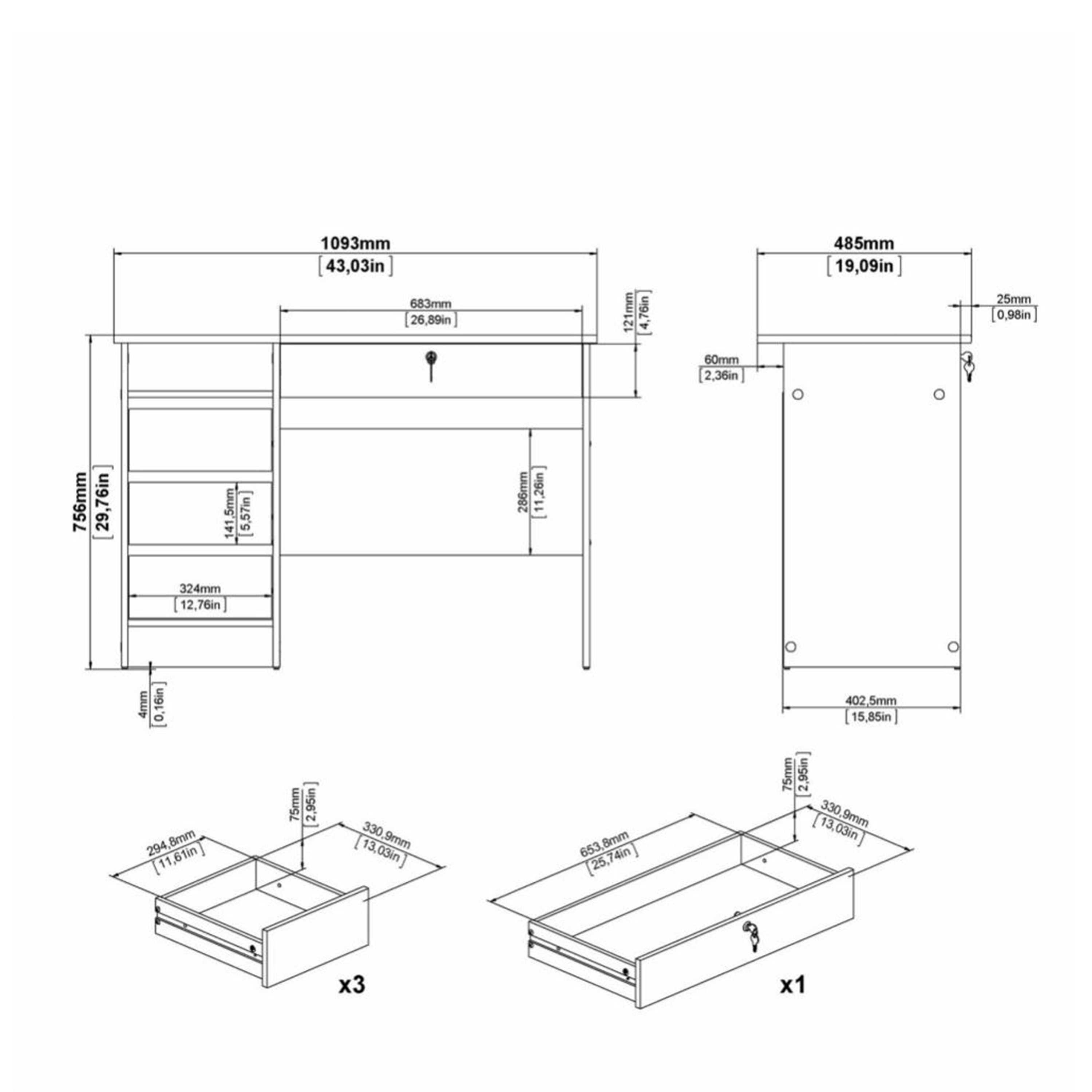 Function Plus Desk (3+1) Handle Free Drawer in White