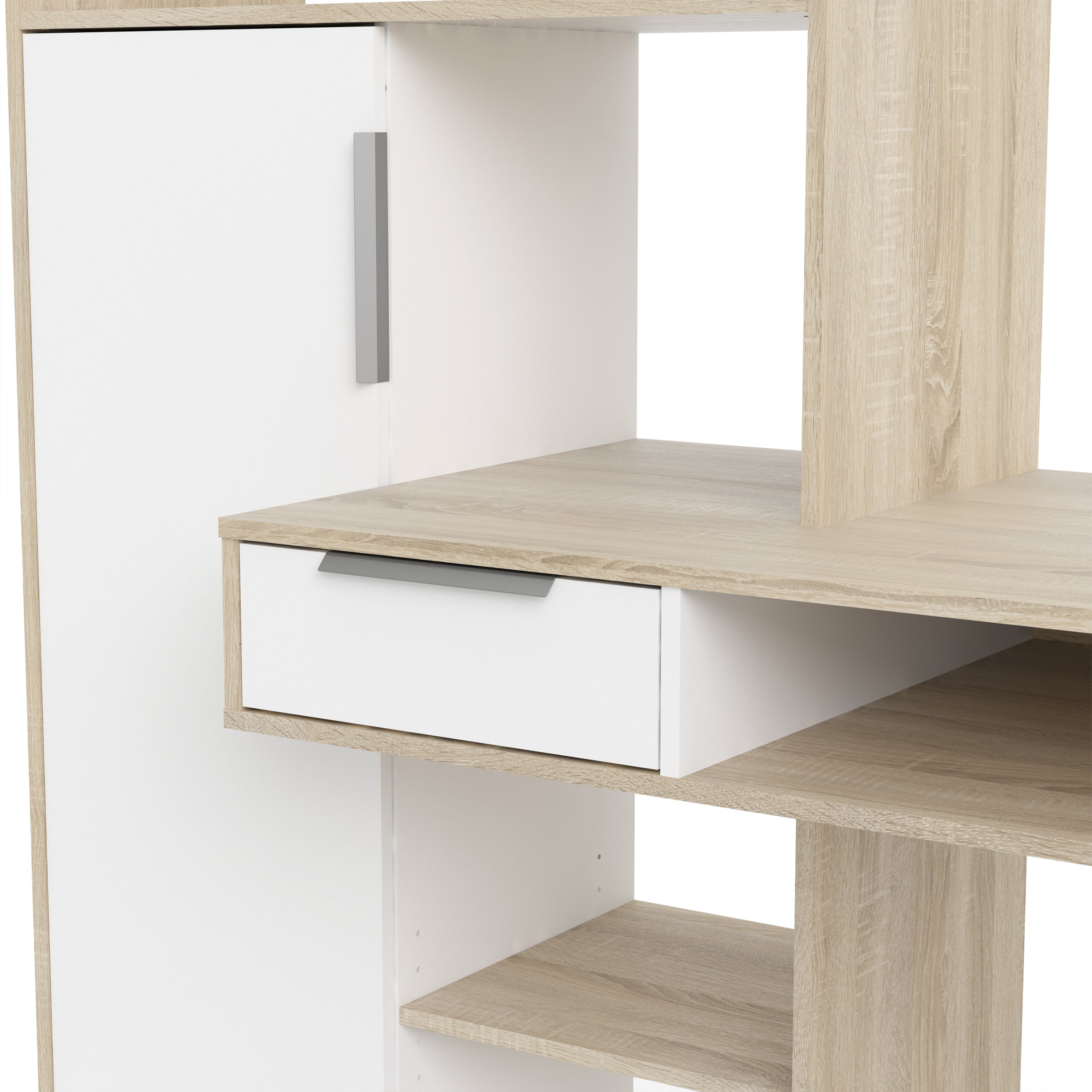 Function Plus Desk Multi-Functional Desk with Drawer and 1 Door in White and Oak
