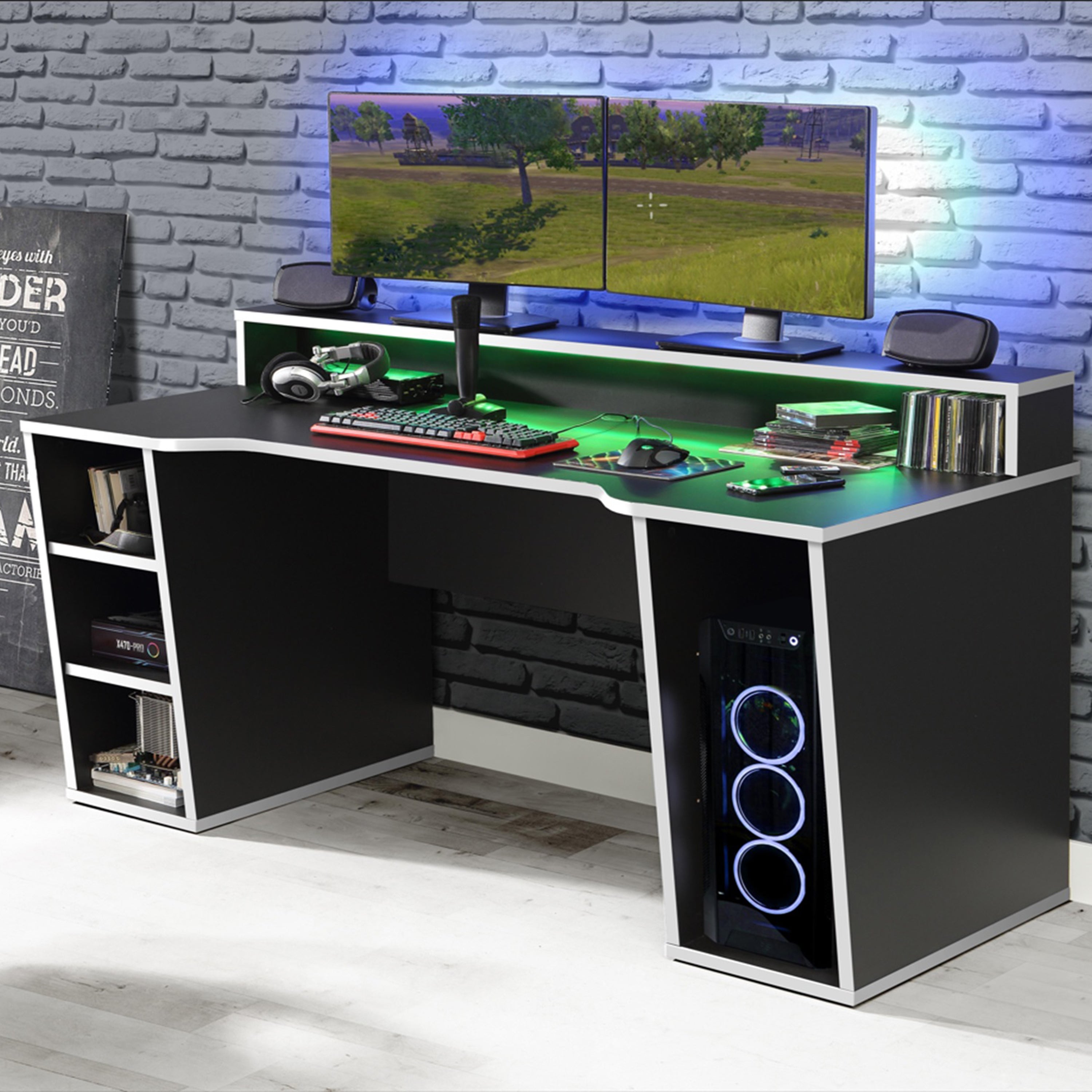 Tezaur Gaming Desk with LED in Black/White
