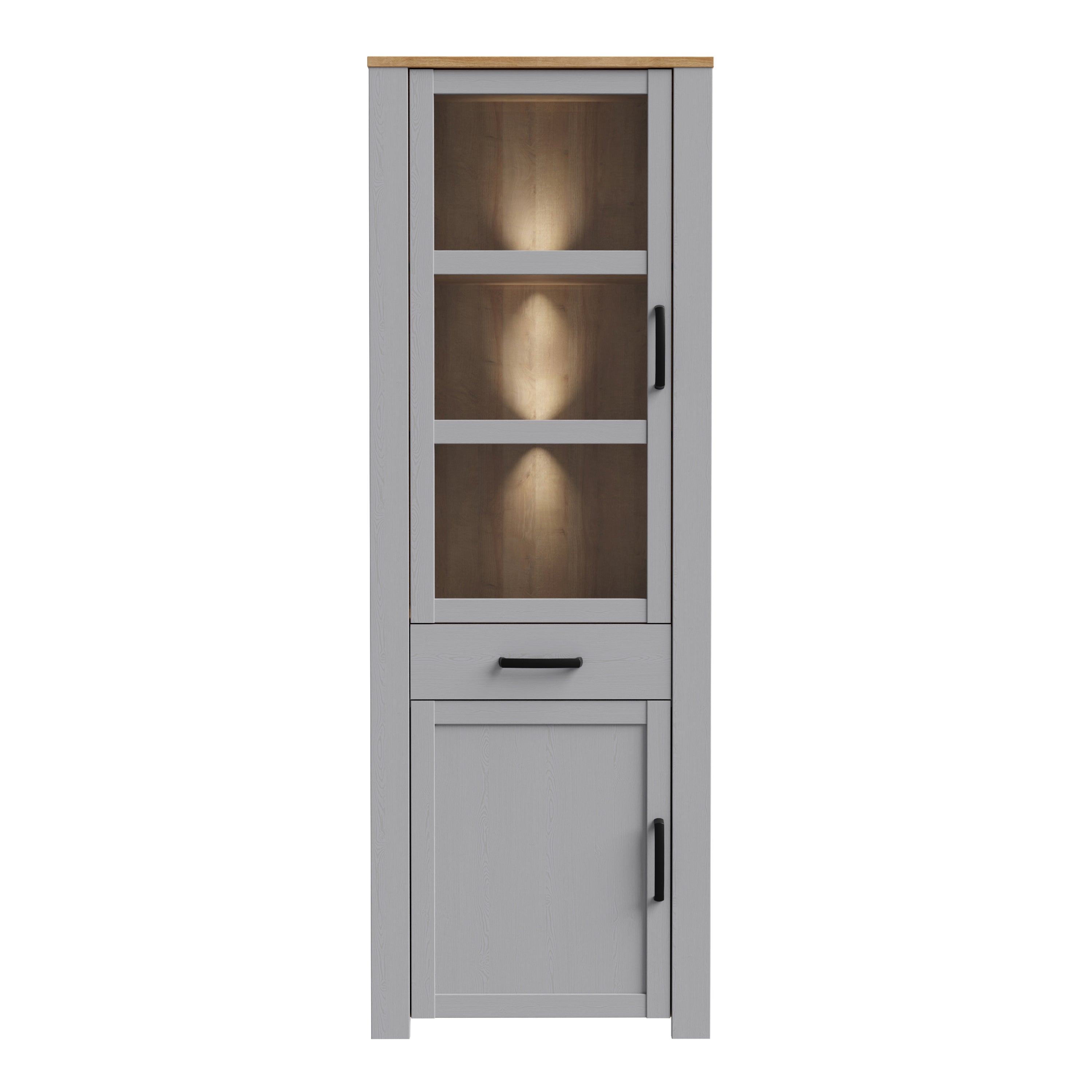 Bohol Narrow Display Cabinet inc. 2x LED Lights in Riviera Oak/Grey Oak