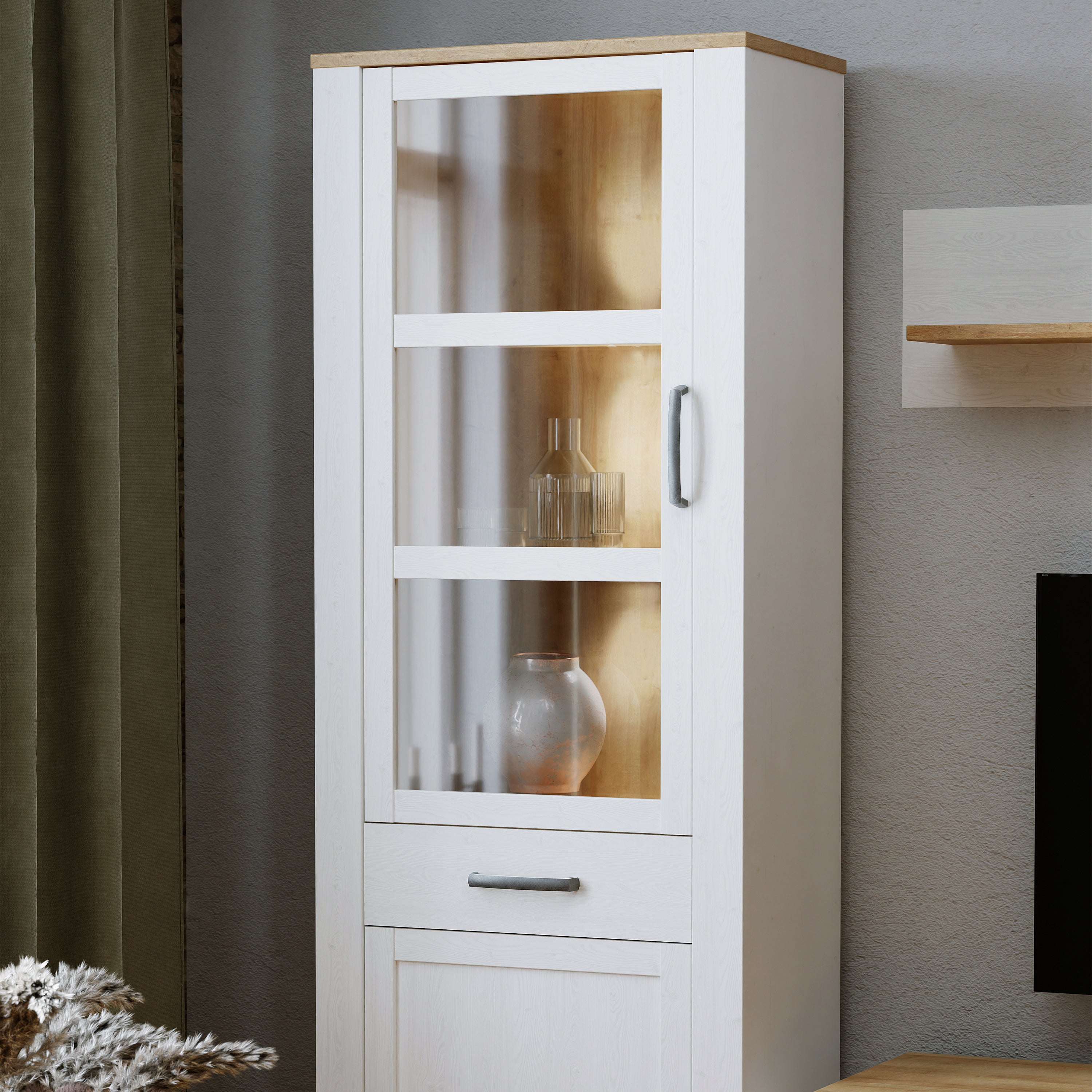Bohol Narrow Display Cabinet inc. 2x LED Lights in Riviera Oak/White