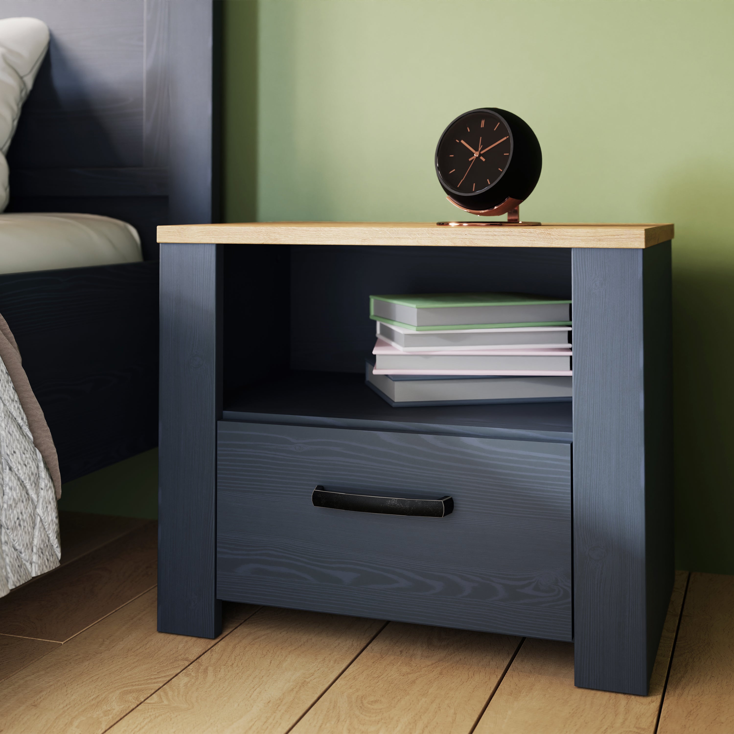 Bohol 1 Drawer Bedside I n Navy Oak