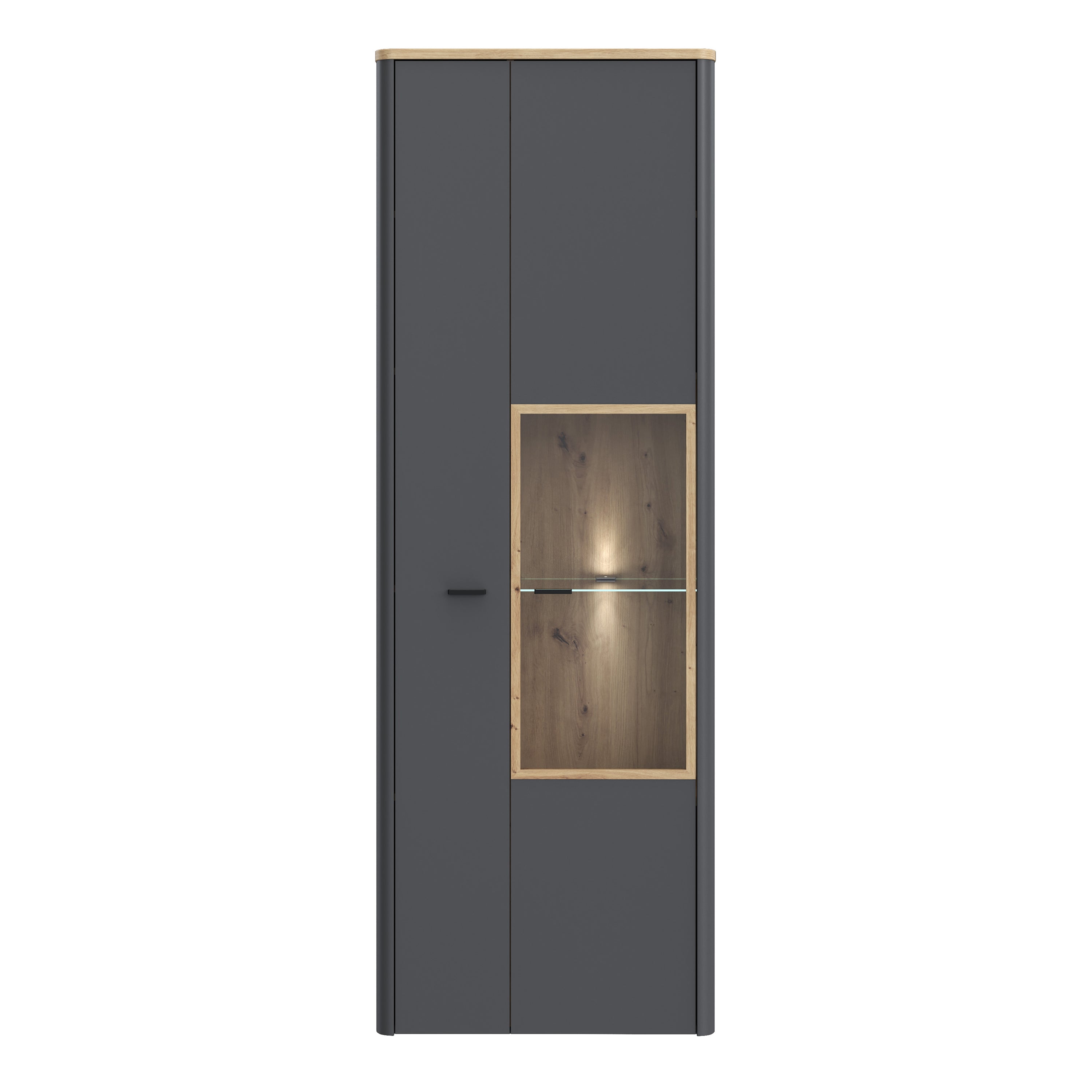 Klara Display Cabinet with 1 Door and 1 Glass Door in Grey and Oak inc LED Lighting