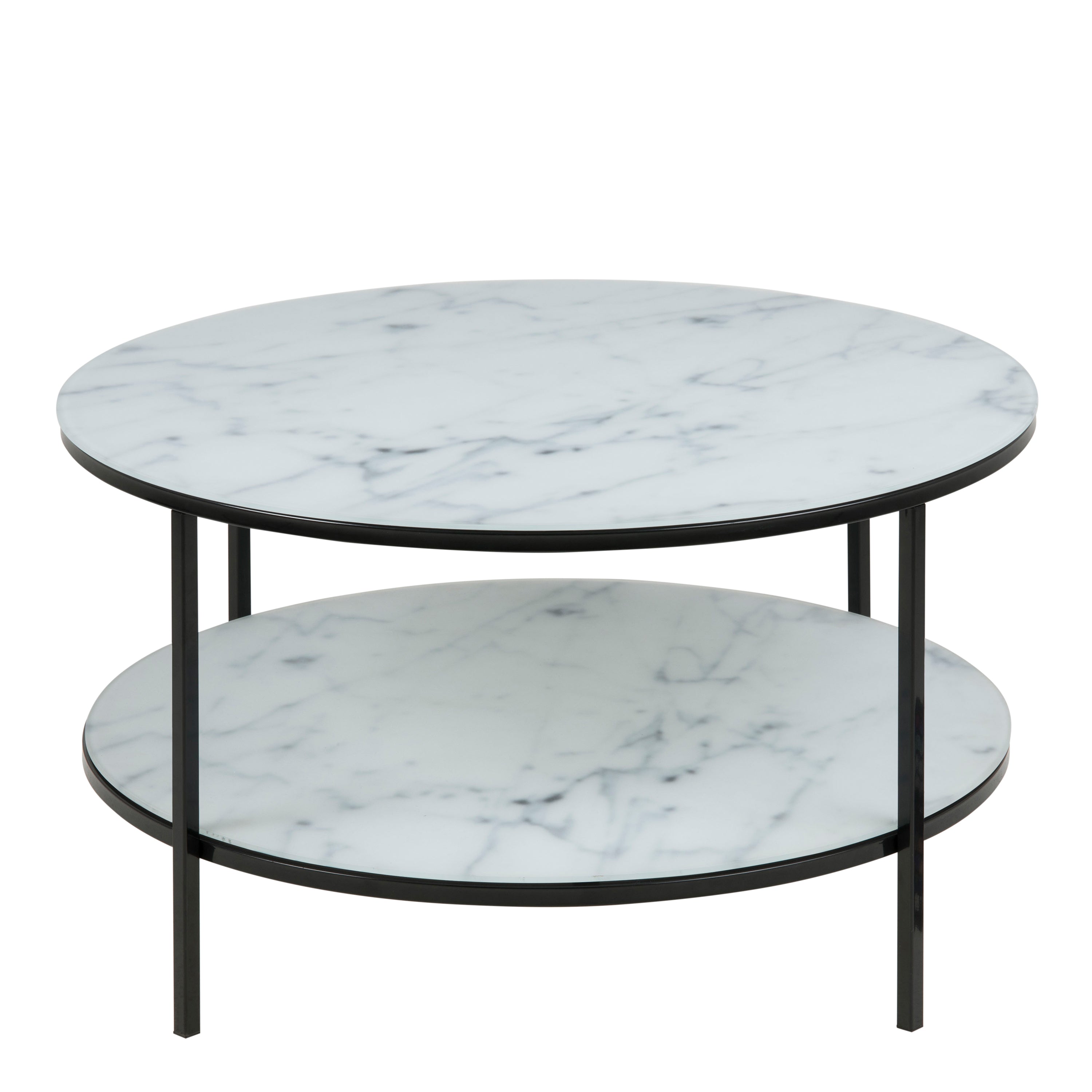 Alisma Round Coffee Table with Marble Effect Glass Top & Black Legs