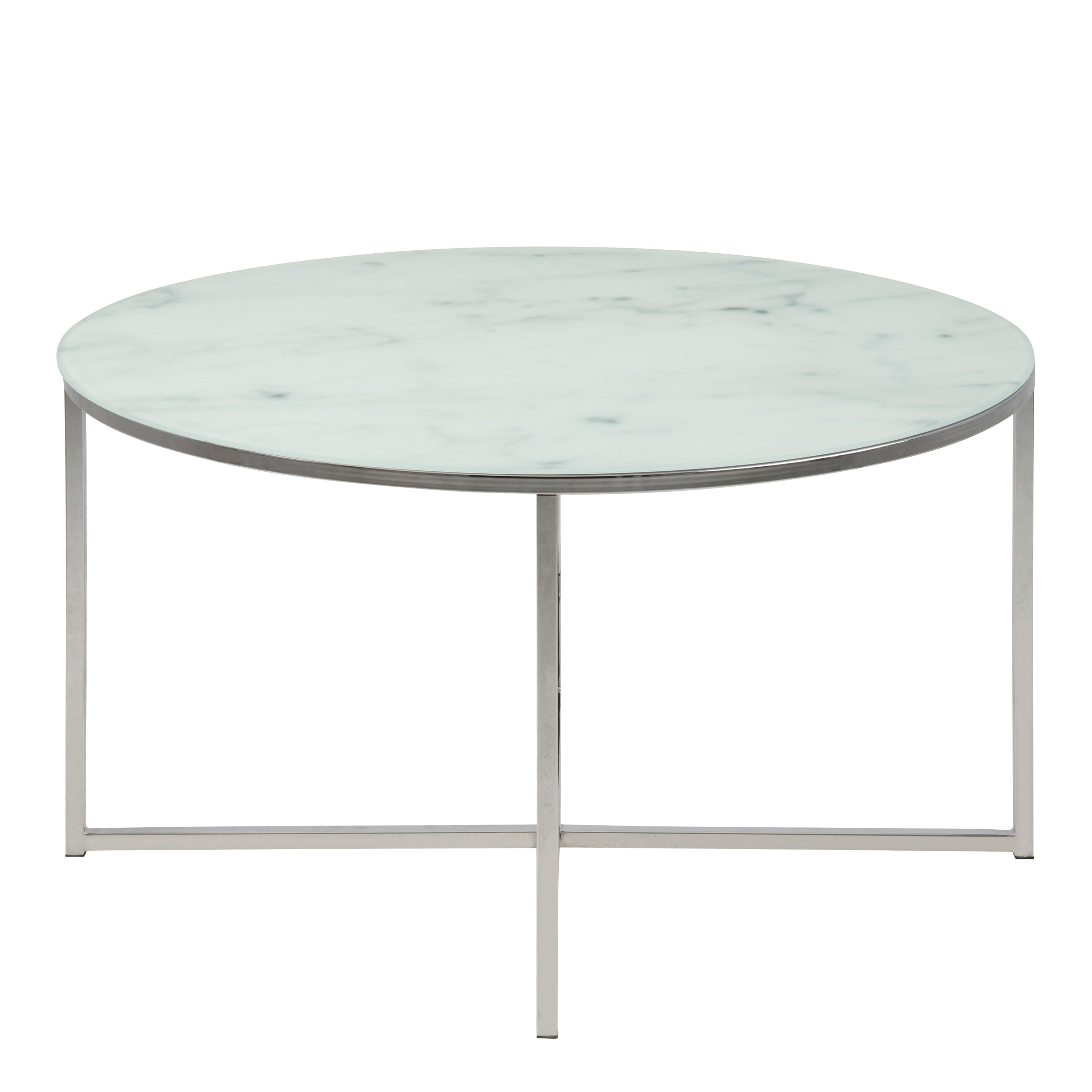 Alisma Round Coffee Table with White Marble Effect Glass Top & Silver Legs