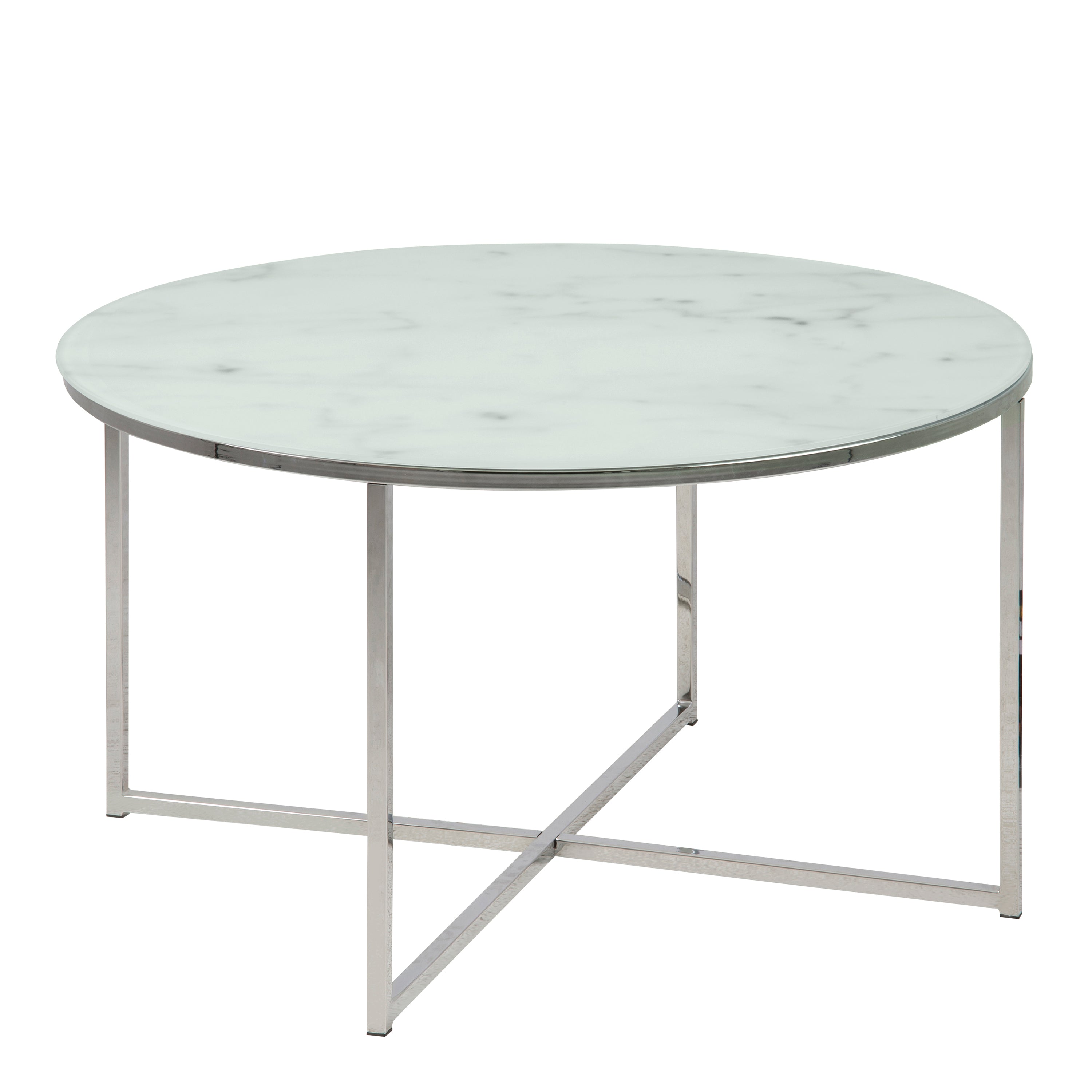 Alisma Round Coffee Table with White Marble Effect Glass Top & Silver Legs