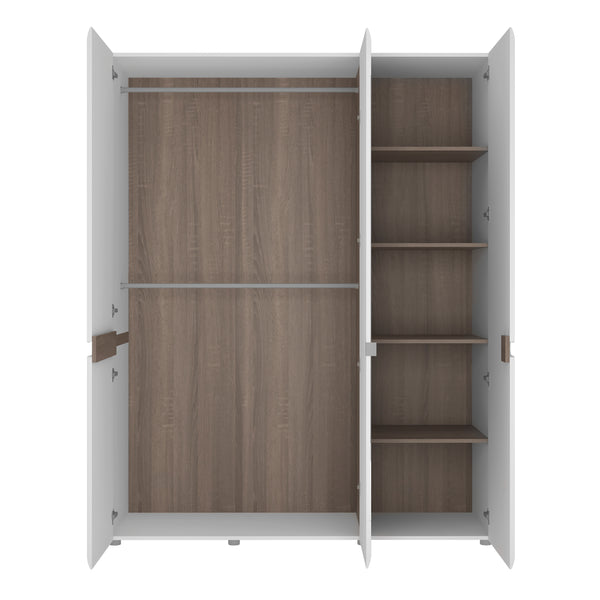 Chelsea 3 Door Wardrobe with mirror and Internal shelving in White with Oak Trim
