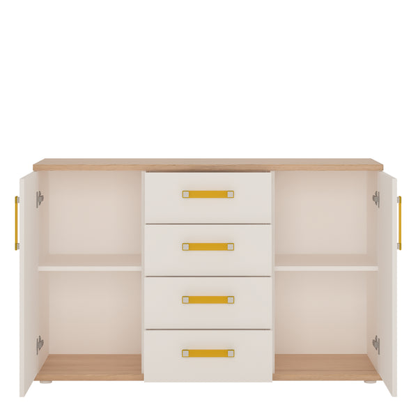 4Kids 2 Door 4 Drawer Sideboard in Light Oak and white High Gloss (orange handles)