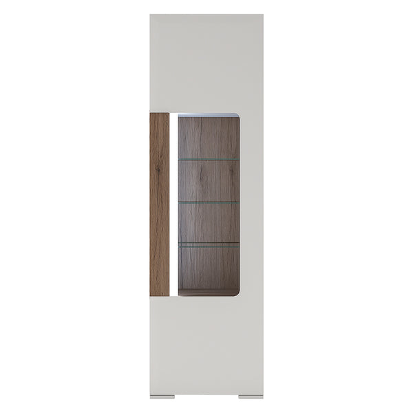Toronto Tall narrow glazed display cabinet with internal shelves (inc. Plexi Lighting) In White and Oak