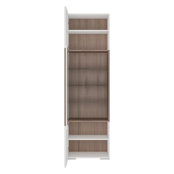 Toronto Tall narrow glazed display cabinet with internal shelves (inc. Plexi Lighting) In White and Oak