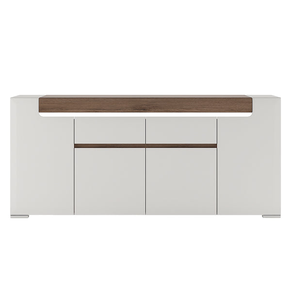 Toronto Wide 4 Door 2 Drawer Sideboard (inc. Plexi Lighting) In White and Oak