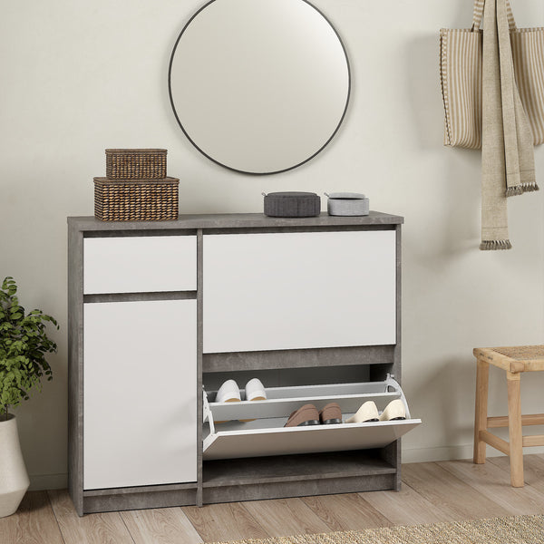 Naia Shoe Cabinet with 2 Shoe Compartments, 1 Door and 1 Drawer in Concrete and White High Gloss