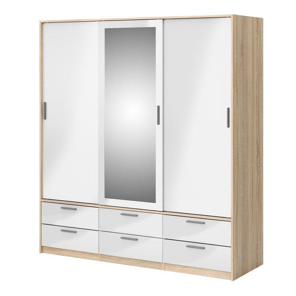 Line Wardrobe - 3 Doors 6 Drawers in Oak with White High Gloss