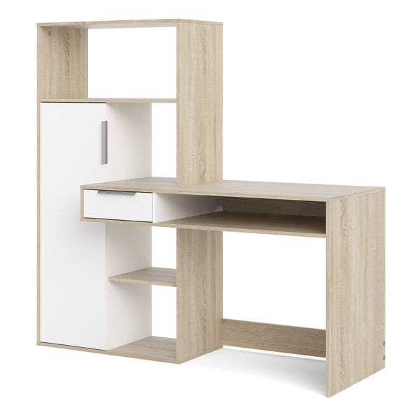 Function Plus Desk Multi-Functional Desk with Drawer and 1 Door in White and Oak