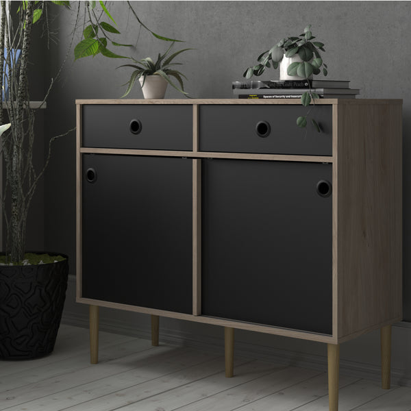 Rome Sideboard 2 Sliding Doors + 2 Drawers in Jackson Hickory Oak with Matt Black