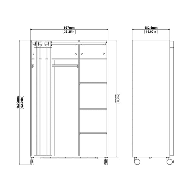 Uppsala Open Mobile Wardrobe Unit in White with a Beige Textile Curtain on Wheels