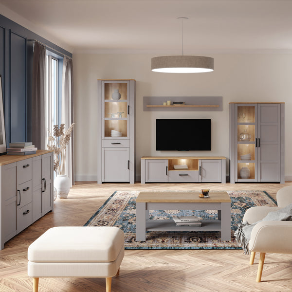 Bohol Narrow Display Cabinet inc. 2x LED Lights in Riviera Oak/Grey Oak