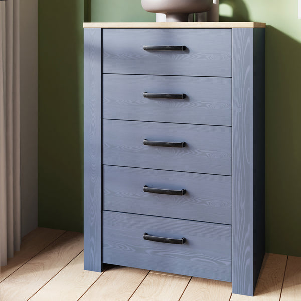 Bohol 5 Drawer Narrow Chest in Riviera Oak/Navy