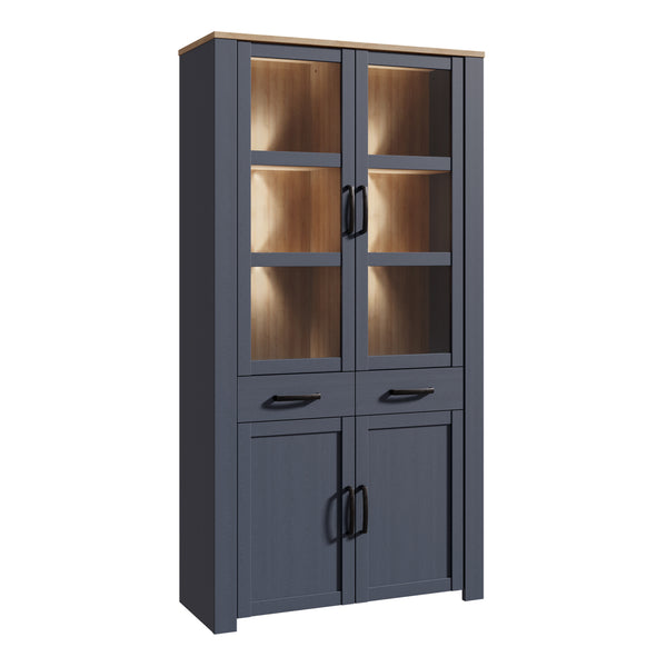 Bohol Display Cabinet 4 Door 1 Drawer in Oak/Navy inc LED Lighting