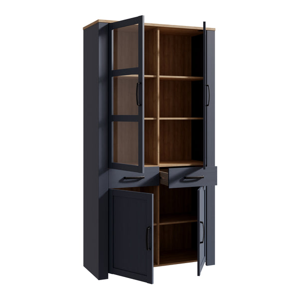 Bohol Display Cabinet 4 Door 1 Drawer in Oak/Navy inc LED Lighting