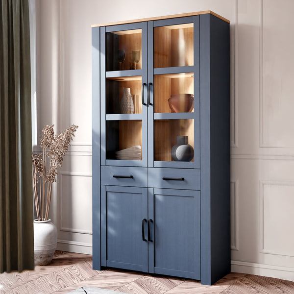 Bohol Display Cabinet 4 Door 1 Drawer in Oak/Navy inc LED Lighting