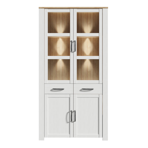 Bohol Display Cabinet 4 Door 1 Drawer in Oak/White inc LED Lighting