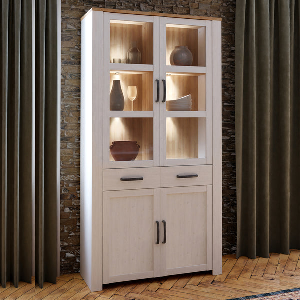 Bohol Display Cabinet 4 Door 1 Drawer in Oak/White inc LED Lighting
