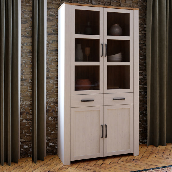 Bohol Display Cabinet 4 Door 1 Drawer in Oak/White inc LED Lighting