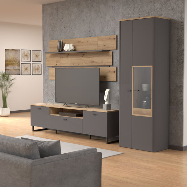 Klara Display Cabinet with 1 Door  and 1 Glass Door in Grey and Oak inc LED Lighting