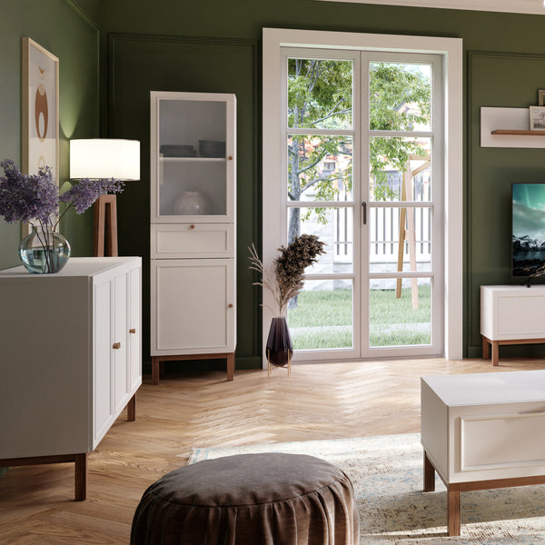 Wensley Display Cabinet with 1 Door 1 Drawer and  1 Glass Door in Light Grey and Oak