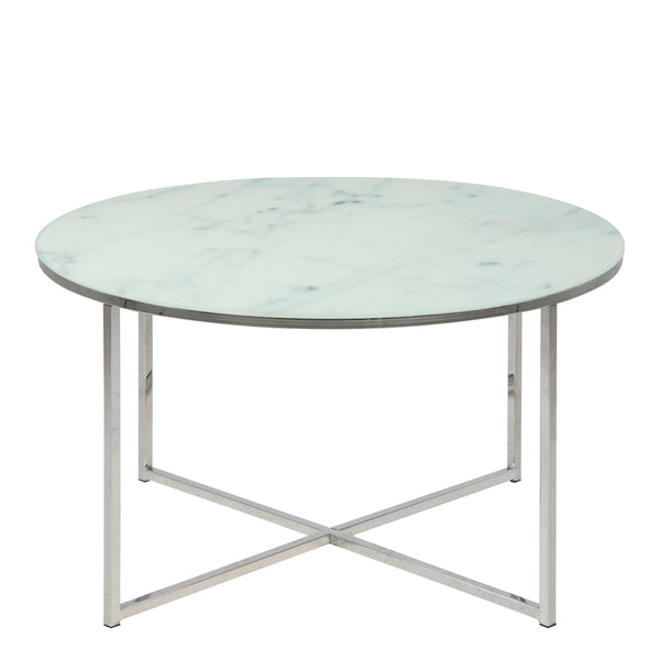 Alisma Round Coffee Table with White Marble Effect Glass Top & Silver Legs