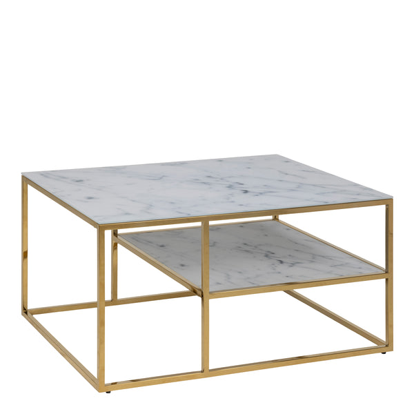 Alisma Open Shelf Coffee Table with White Marble Effect Glass Top & Gold Legs