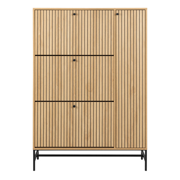 Albany Shoe Cabinet 3 Flip Down Doors 1 Pull Open Door in Oak/Black Legs